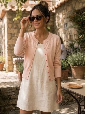 American Eagle Pink Embellished Cardigan Sweater Sequin Rhinestone Button Up Med